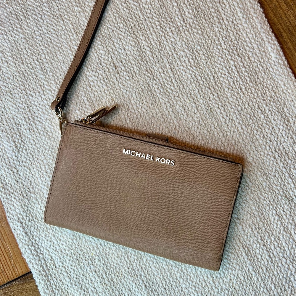 Michael Kors Tan Leather Wristlet with Gold Logo